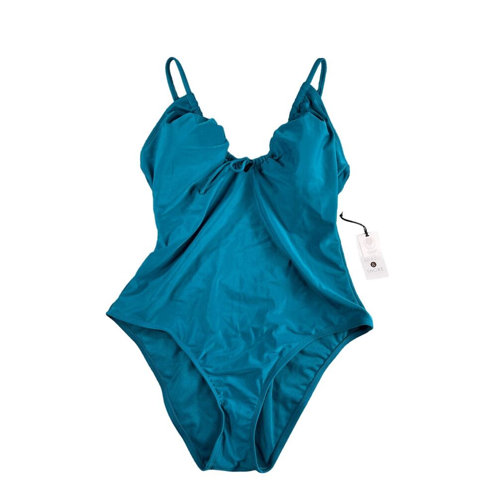 Shade & Shore Swimsuit Womens Large Blue One Piece Padded Cinch Open Back NWT